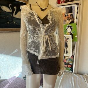 Lace Overlay Tie-Waist Women's Top in Ivory